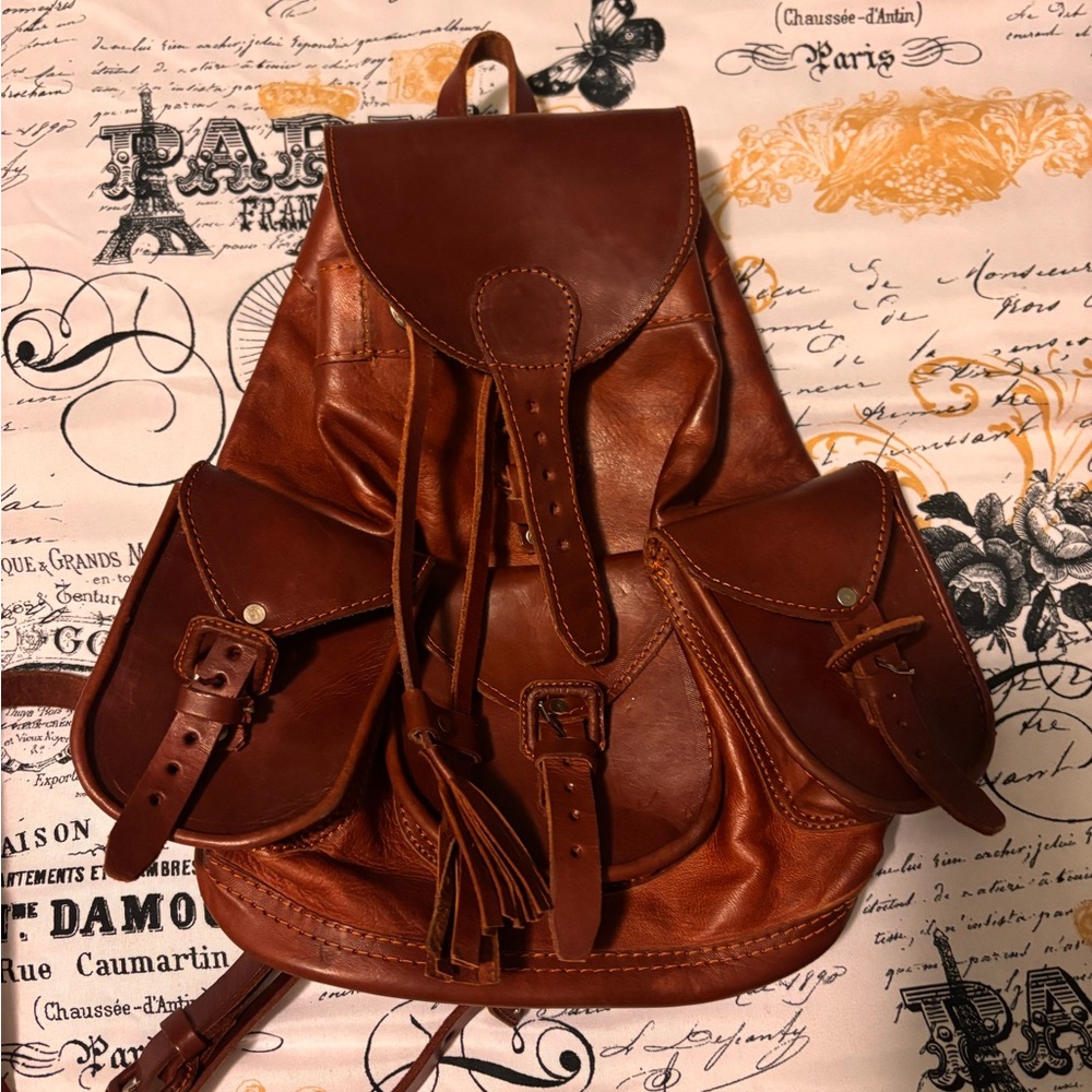 Vintage Leather Drawstring Backpack Purse - Brown